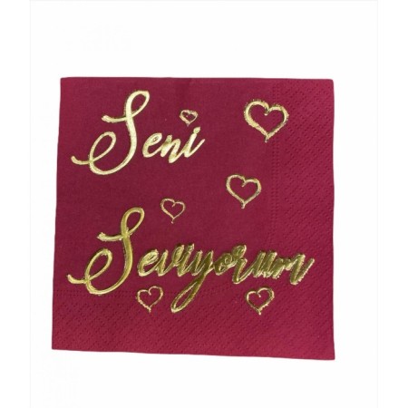 Gold Yaldızlı  Kırmızı Seni Seviyorum Kare Peçete