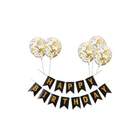 Happy Bırthday Siyah Gold Banner Gold Konfetili Şeffaf Balon Seti